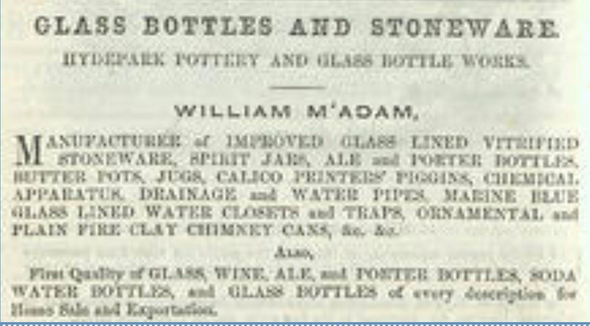 Advertisement for the Hydepark Pottery and Glass Bottle Works